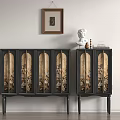 Black Decorative Cabinets Featuring Glass Doors Statue Books On Top And Wall Painting