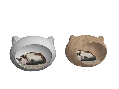 Gray And Wooden Cat Ear Design Cat Bed With Resting Cat Inside 3d model
