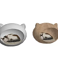 Gray And Wooden Cat Ear Design Cat Bed With Resting Cat Inside 3d model
