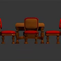 Dining Table Set with Red Chairs Wooden Frame and Ornamental Tablecloth