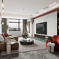 Modern Living Dining Room Interior With TV Wall Red Chair And Ceiling Light Strips