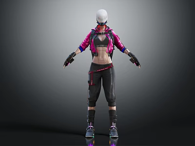 Woman In Pink Jacket And Black Pants With White Helmet And Glowing Shoes 3d model