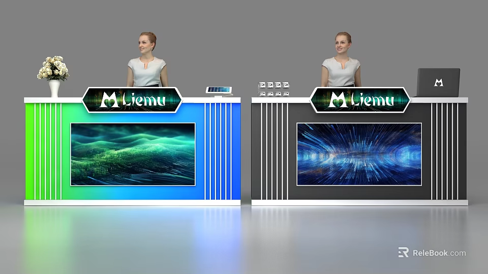 Reception Desk Featuring M-Liemu Logo Green Wave and Blue Tech Digital Screens with Staff 3d model 