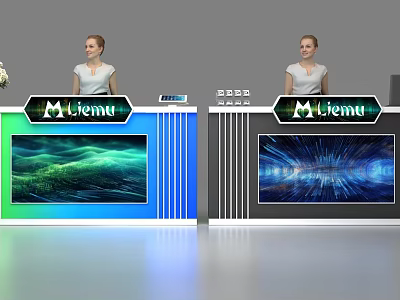 Reception Desk Featuring M-Liemu Logo Green Wave and Blue Tech Digital Screens with Staff 3d model