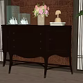 Elegant Entryway Cabinet Sideboard With Vase Flowers Glass Containers Books Decorations And Brick Wall