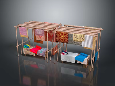 Bamboo Fabric Stalls With Hanging Colorful Fabrics And Small Tables Below 3d model
