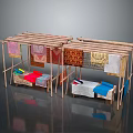 Bamboo Fabric Stalls With Hanging Colorful Fabrics And Small Tables Below