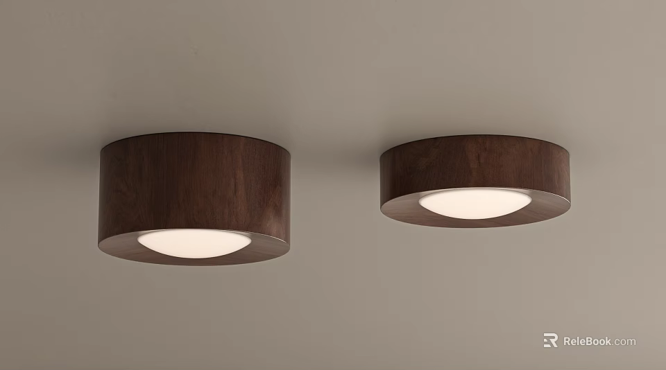 Wooden Round Downlights Mounted On Ceiling With Bright White Lighting 3d model 