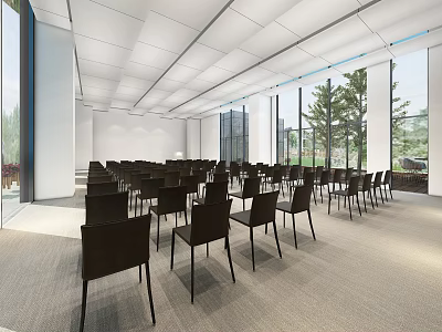 Modern Conference Room With White Ceiling Gray Carpet Black Chairs Large Windows And Trees Outside 3d model
