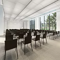 Modern Conference Room With White Ceiling Gray Carpet Black Chairs Large Windows And Trees Outside