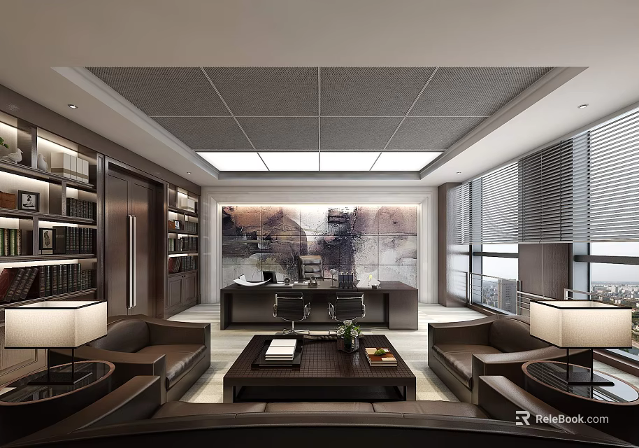 Modern Office Interior Design With Large Windows Bookshelves Leather Sofas And Decorative Painting 3d model 