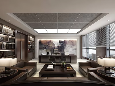 Modern Office Interior Design With Large Windows Bookshelves Leather Sofas And Decorative Painting 3d model