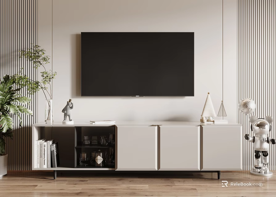 Modern TV Stand with Storage Drawers Open Shelves and Green Plant in Minimalist Interior Design 3d model 