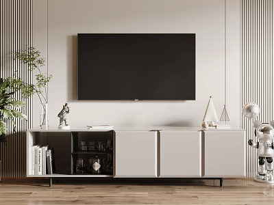 Modern TV Stand with Storage Drawers Open Shelves and Green Plant in Minimalist Interior Design 3d model
