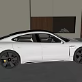 White Sports Coupe Car In Modern Indoor Space With Wooden Panel Gray Wall And Floor Lamp