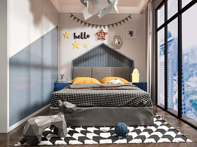 Kids Room With Blue Headboard Yellow Pillows Checkered Quilt Hello Banner Star Decorations City View 3d model