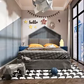 Kids Room With Blue Headboard Yellow Pillows Checkered Quilt Hello Banner Star Decorations City View