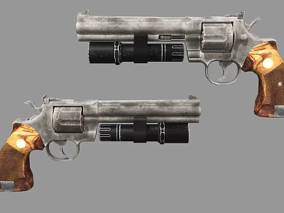 Pair of Vintage Revolvers with Weathered Metal Finish Brown Grips and Black Under Barrel Components 3d model
