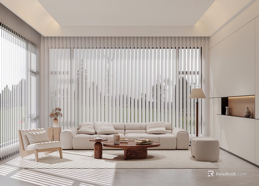 Modern Living Room Interior With Vertical Blinds White Sofa Wooden Coffee Table And Natural Light 3d model 