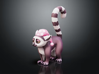 Cute Purple And White Lemur Character With Pink Hat And Striped Tail In 3d model