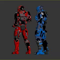 Game Movie Character Blue And Red Armored Robots Standing In Action Poses