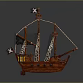 Wooden Pirate Ship Model With Black Sails And Skull Flag Detailed Design