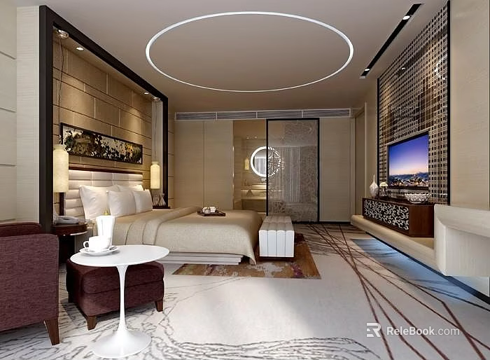 Modern Hotel Guest Room With Comfortable Bed TV Sofa Circular Light And Decorative Wall 3d model 