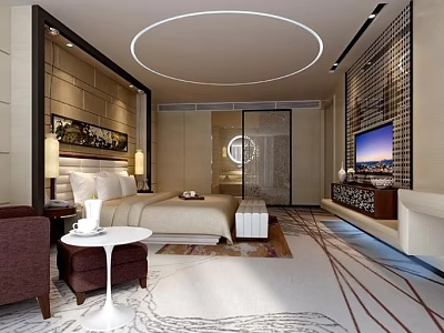 Modern Hotel Guest Room With Comfortable Bed TV Sofa Circular Light And Decorative Wall 3d model