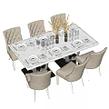 Elegant Dining Table Set With Marble Top Beige Upholstered Chairs And Decorative Plates 3d model