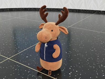 Plush Reindeer Doll With Brown Body Blue Vest And Antlers Standing On Black Floor 3d model