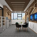 Modern Office Lounge With Wooden Bookshelves Water Dispensers Tables And Green Chairs