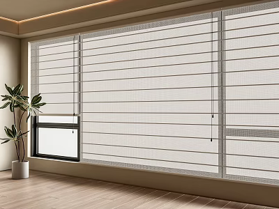 Modern Vertical Window Blinds In Bright Room With Wooden Floor And Potted Plant 3d model