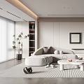 Elegant Modern Living Room Interior With White Sofa Round Coffee Table Gray Rug And Decorative Artwork