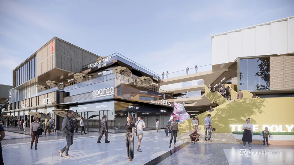 Vibrant Modern Commercial Street With Pedestrians Shops Outdoor Shopping Area Glass Facades And Walkway 3d model 