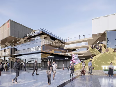 Vibrant Modern Commercial Street With Pedestrians Shops Outdoor Shopping Area Glass Facades And Walkway 3d model