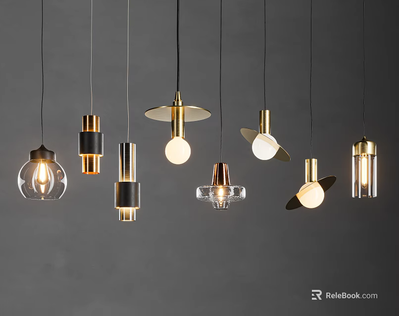 Modern Unique Pendant Lights With Gold Black Transparent Materials Various Shapes Hanging On Grey Background 3d model 