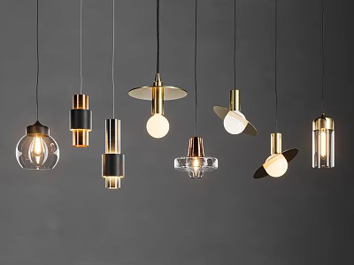 Modern Unique Pendant Lights With Gold Black Transparent Materials Various Shapes Hanging On Grey Background 3d model