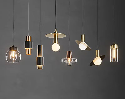 Modern Unique Pendant Lights With Gold Black Transparent Materials Various Shapes Hanging On Grey Background 3d model