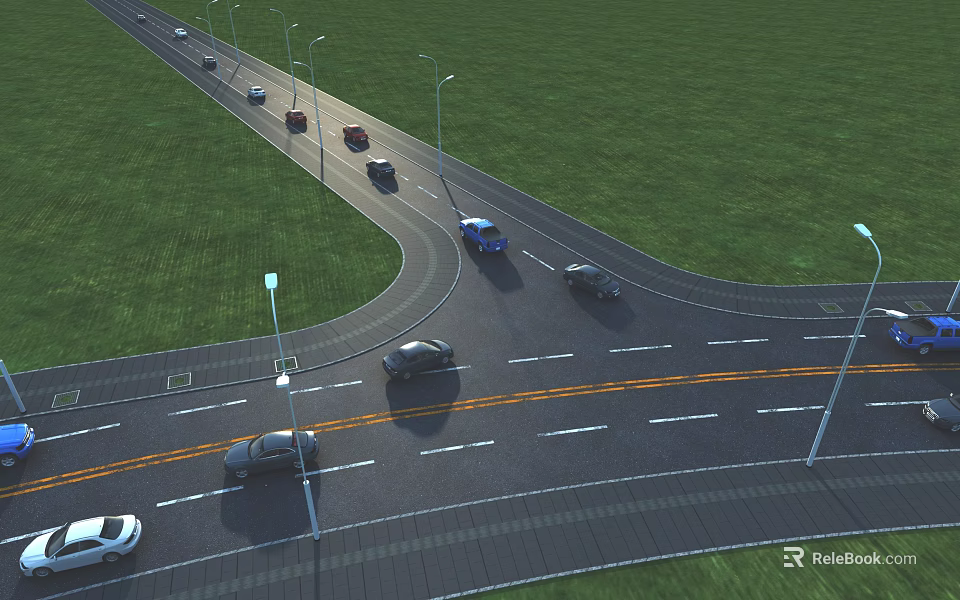 Road Infrastructure With Curved Road Lane Lines Street Lamps And Vehicles Driving Along Grassland 3d model 