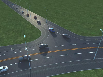 Road Infrastructure With Curved Road Lane Lines Street Lamps And Vehicles Driving Along Grassland 3d model