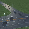 Road Infrastructure With Curved Road Lane Lines Street Lamps And Vehicles Driving Along Grassland