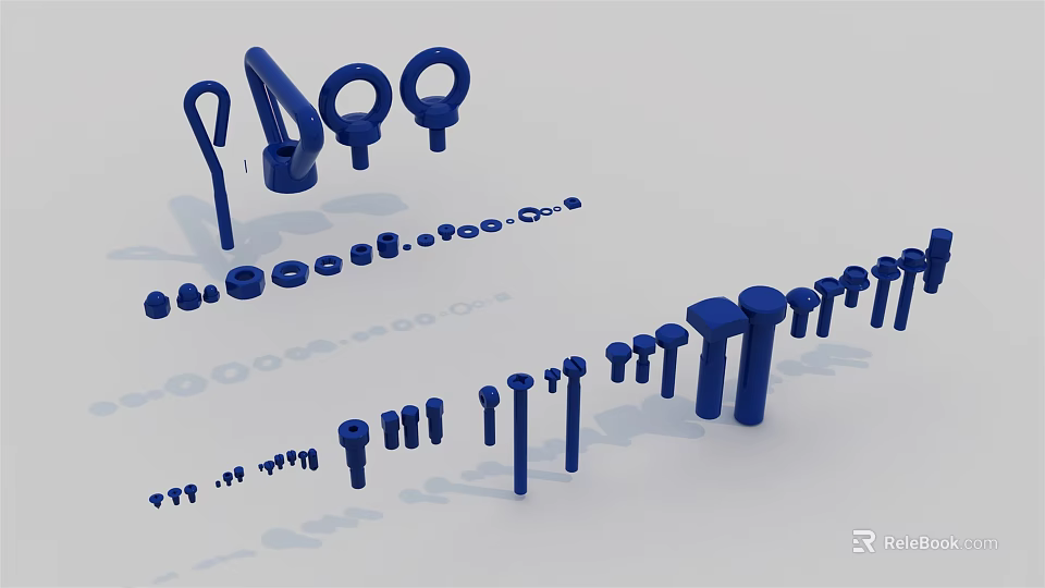 Assorted Blue Hardware Tools Including Bolts Nuts Hooks And Fasteners 3d model