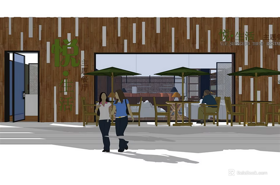 Modern Restaurant Exterior with Wooden Wall Vertical Slats and Outdoor Seating Green Umbrellas 3d model 