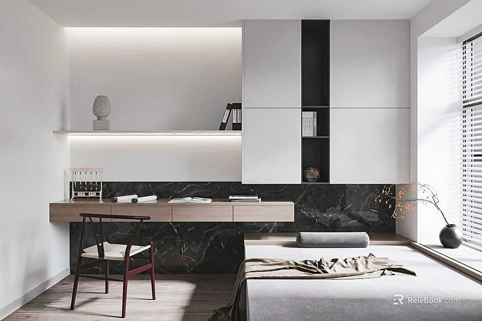 Tatami Bedroom Interior Design With Wooden Desk Built in Cabinets and Natural Light 3d model 