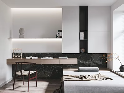 Tatami Bedroom Interior Design With Wooden Desk Built in Cabinets and Natural Light 3d model