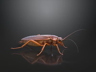 Detailed Closeup View Of Brown Cockroach With Long Antennae On Smooth Reflective Surface 3d model