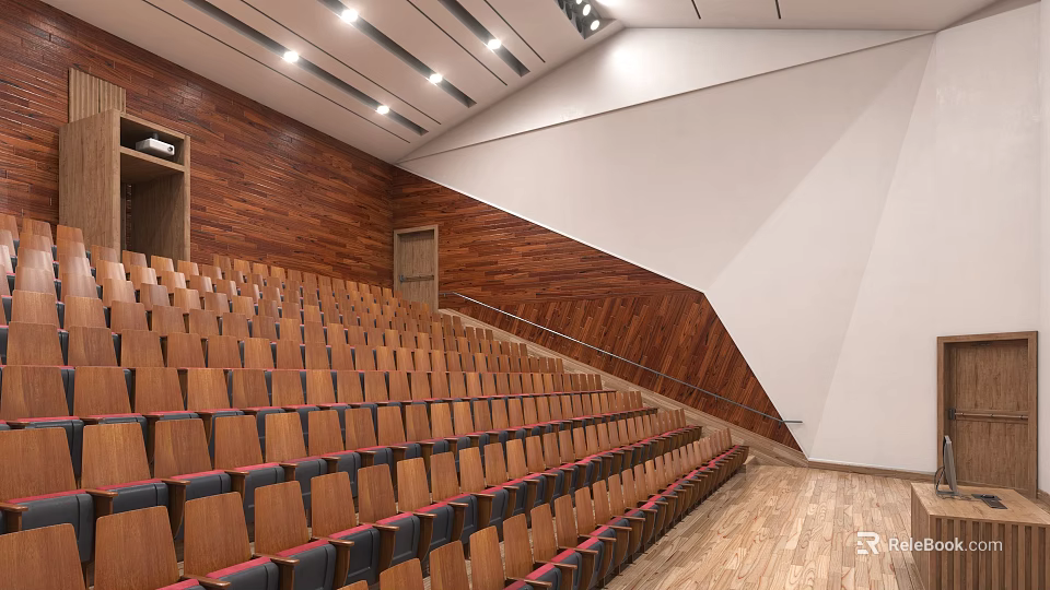 Modern Conference Room With Stepped Seating Wooden And White Walls Wooden Flooring And Lighting 3d model 