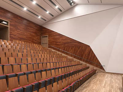 Modern Conference Room With Stepped Seating Wooden And White Walls Wooden Flooring And Lighting 3d model