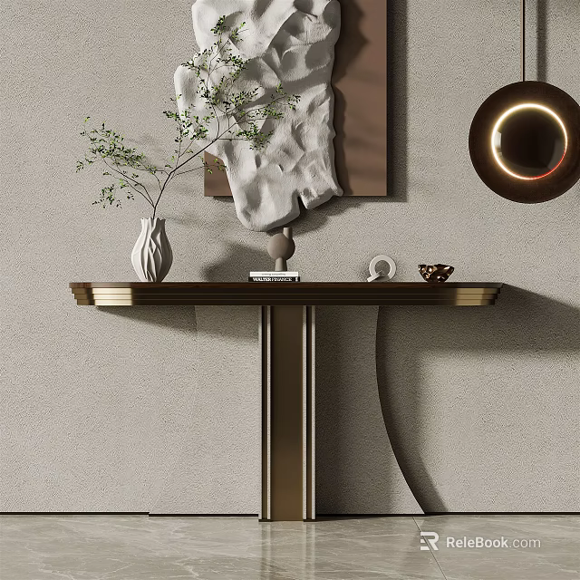 Elegant Modern Console Table With Vase Greenery Decorative Items And Hanging Lamp 3d model 