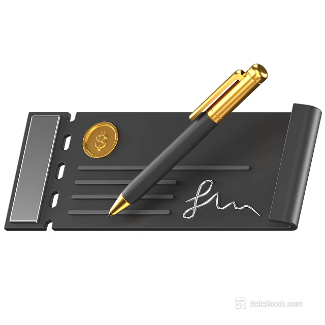 Black Notepad With Gold Nib Pen Dollar Sign Coin And Handwritten Signature 3d model 